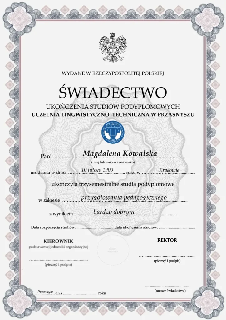 Świadectwo ukończeniu kursu